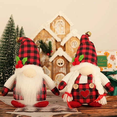 Gnomo Natalizio Luminoso in Peluche con Motivo Plaid Rudolph Bambola Senza Volto Ornamento da Tavolo con Luce Led Rosso Nero