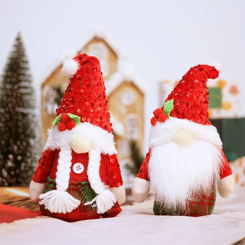 Pailletten Weihnachts-Gnom Plüschpuppe Mit Paillettenhut Karomuster Kleidung Für Home Holiday Desktop Deko Handgefertigtes Gnom Ornament