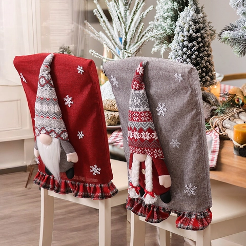 Funda de Respaldo de Silla de Gnomo de Navidad Imitación de Lino Patrón de Copo de Nieve Decoración de Comedor para Fiesta