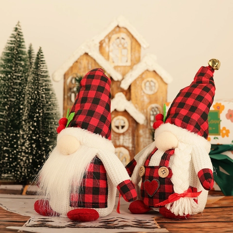 Gnomo Natalizio Luminoso in Peluche con Motivo Plaid Rudolph Bambola Senza Volto Ornamento da Tavolo con Luce Led Rosso Nero
