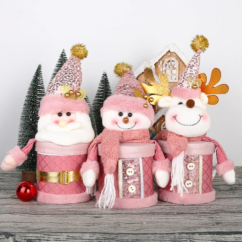 Pink Christmas Santa Claus Snowman Reindeer Apple Gift Box Candy Storage Jar Plush Sequin Festive Party Tabletop Decoration