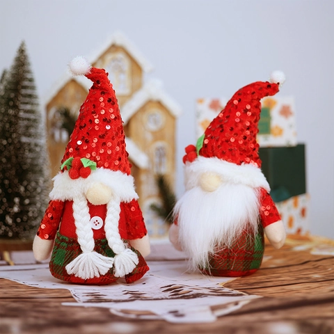 Pailletten Weihnachts-Gnom Plüschpuppe Mit Paillettenhut Karomuster Kleidung Für Home Holiday Desktop Deko Handgefertigtes Gnom Ornament