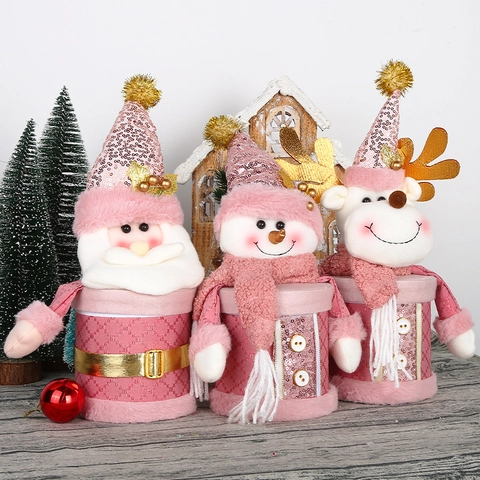 Pink Christmas Santa Claus Snowman Reindeer Apple Gift Box Candy Storage Jar Plush Sequin Festive Party Tabletop Decoration