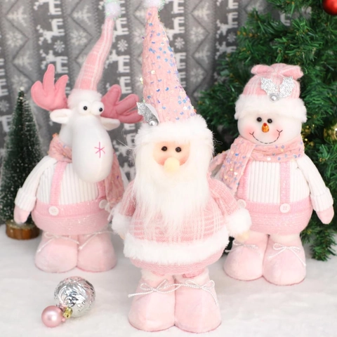 Bambola di Natale con Gambe Lunghe Retraibili in Paillettes Rosa Babbo Natale Pupazzo di Neve Renna Ornamento Peluche Natalizio Casa