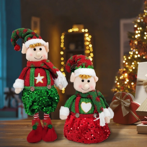 Poupée Elfe de Noël Rétractable Chapeau Pointu à Paillettes Peluche Ornement de Table Décoration de Fête Maison Cadeau