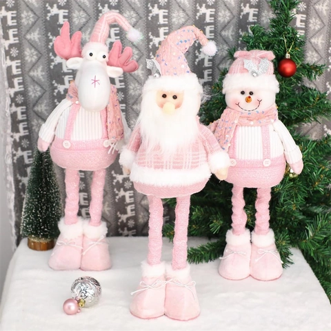Roze Pailletten Telescopische Kerstpop Ornament Kerstman Sneeuwpop Rendier Pluche Figuur Voor Feestdagen Huisdecoratie