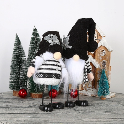 Gnome de Mariage Nordique Poupée sans Visage Ornement Noir Blanc Rayé Tricoté Gnome de Noël pour Décoration de Table Maison Cadeau Créatif