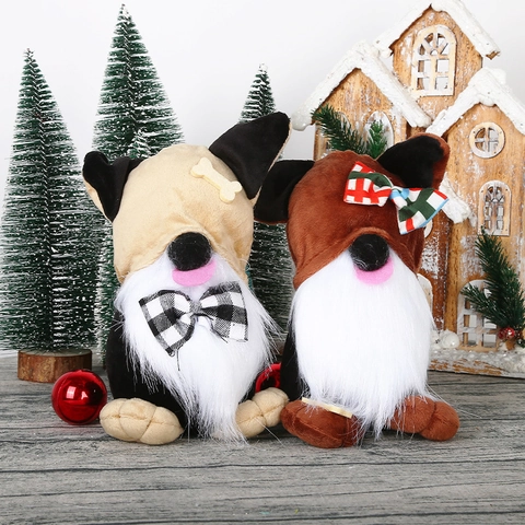 Gnome de Noël Thème Chien Poupée en Peluche Oreilles de Chiot Rudolph Figurine Assise Décoration de Table Cadeau
