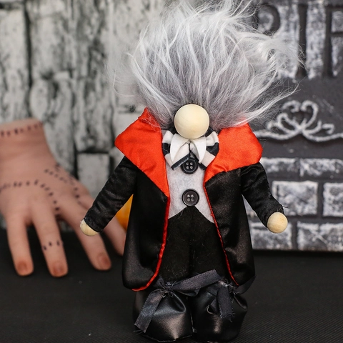 Poupée en Peluche Gnome Vampire d'Halloween Figurine Debout Avec Longs Cheveux Blancs Cape en Satin Décoration de Table