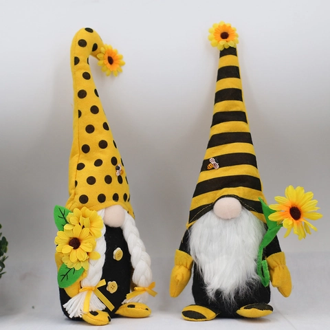 Gnomo sin Rostro de Girasol Día de la Abeja Muñeco de Peluche Adorno Amarillo Negro Rayado de Lunares Decoración Hogar