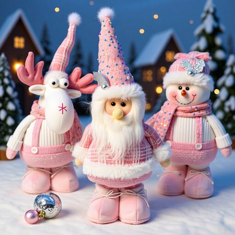 Bambola di Natale Telescopica con Paillettes Rosa Babbo Natale Pupazzo di Neve Renna Statuina in Peluche per Decorazioni Natalizie