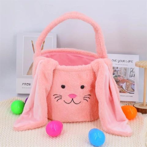 Plush Easter Bunny Basket Portable Rabbit Candy Bag For Kids Soft Fabric Storage Bucket For Holiday Gift Decoration