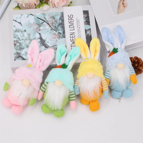 Pendentif en Peluche Gnome Lapin de Pâques Poupée Sans Visage Avec Longues Oreilles Carotte Marguerite Déco Maison Fête Cadeau