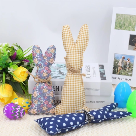 Décorations de Lapin de Pâques en Peluche Pois Carreaux Floral Ornements pour Table Plateau Fête Maison