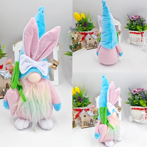 Pasen Konijn Gezichtloze Kabouter Pluche Pop Decoratie Met Konijnenoren En Kleurrijke Eieren Wortel Voor Feest Thuis