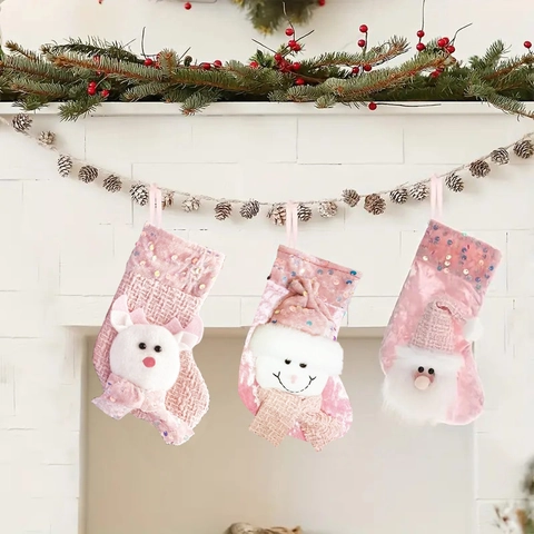 Rosa Weihnachtsstrumpf Geschenktüte Mit 3D Weihnachtsmann Schneemann Rentier Pailletten Dekoration Für Zuhause Feiertag Party