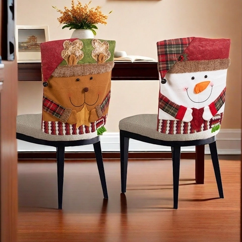 Christmas Dining Chair Back Covers Polyester Fabric Cartoon Santa Claus Snowman Reindeer Pattern Festive Home Party Decor