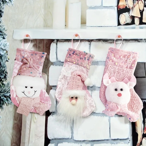 Rosa Weihnachtsstrumpf Geschenktüte Mit 3D Weihnachtsmann Schneemann Rentier Pailletten Dekoration Für Zuhause Feiertag Party