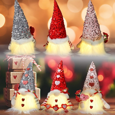 LED Glowing Valentine's Day Gnome Plush Ornament Heart Sequin Faceless Doll For Home Party Decor Holiday Gift