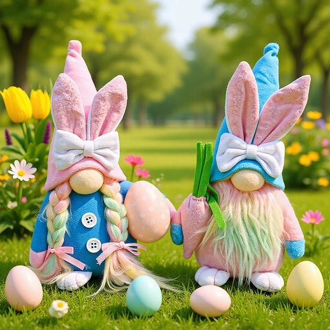 Pasen Konijn Gezichtloze Kabouter Pluche Pop Decoratie Met Konijnenoren En Kleurrijke Eieren Wortel Voor Feest Thuis