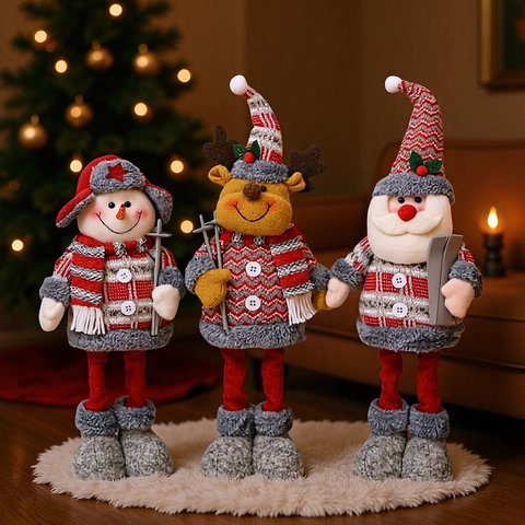 Bambola di Peluche Telescopica in Tessuto Scozzese con Fiocco di Neve Babbo Natale Pupazzo di Neve Renna per Decorazione Casa