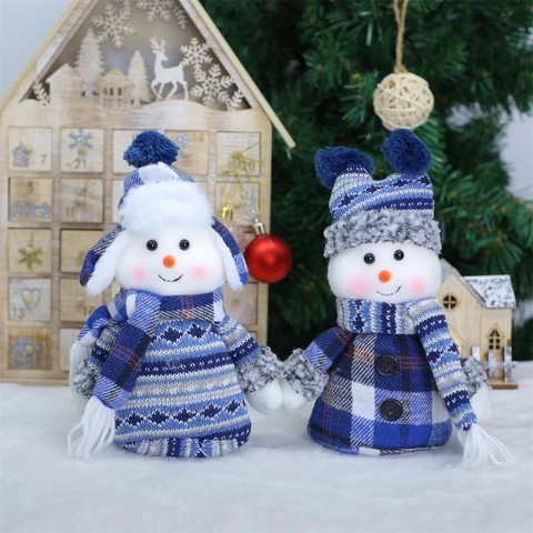 Bambola di Peluche a Forma di Pupazzo di Neve Natalizio a Quadri Blu e Bianchi Simpatico Ornamento per Decorazione Natalizia