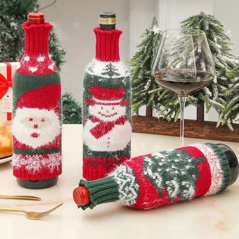 Christmas Wine Bottle Cover Knit Wool Xmas Decoration Santa Claus Snowman Christmas Tree Bottle Bags Holiday Party Table Decor