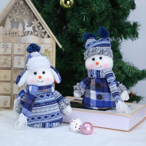 Weihnachten Schneemann Plüschpuppe Blau Kariert Strickstoff Schneemann Ornament Süße Cartoon Festliche Schreibtisch Dekoration