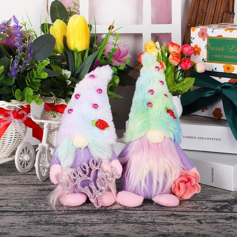 Mother's Day Gnome Plush Decoration Faceless Doll With Heart Rose Pattern Macaron Color For Home Desktop Ornament Gift