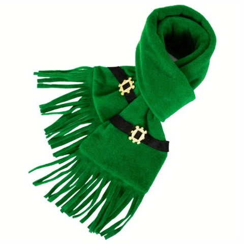 Bufanda de Leprechaun del Día de San Patricio Verde Polar Larga Con Hebilla Dorada Patrón de Cinturón Negro Borlas para Fiesta Celebración Accesorio de Disfraz