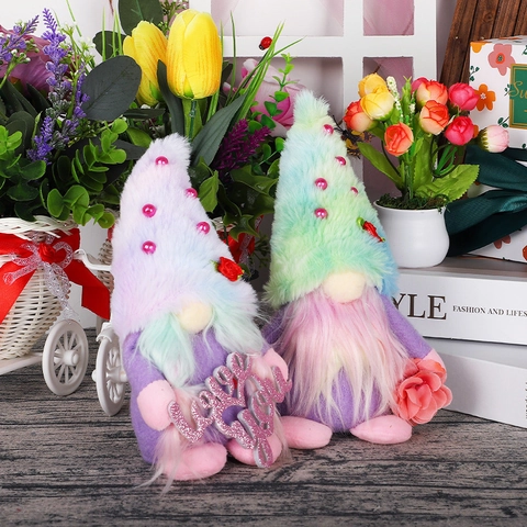 Mother's Day Gnome Plush Decoration Faceless Doll With Heart Rose Pattern Macaron Color For Home Desktop Ornament Gift
