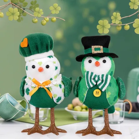 Ornement Oiseau Lumineux de la Saint-Patrick Avec Lumière LED Motif Trèfle Vert Figurine d'Oiseau Décoration de Table