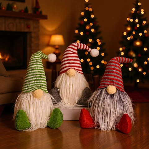 Poupée en Peluche Gnome de Noël Nordique Père Noël Sans Visage Ornement Avec Chapeau à Rayures Longue Barbe Pour Décoration de Table Maison