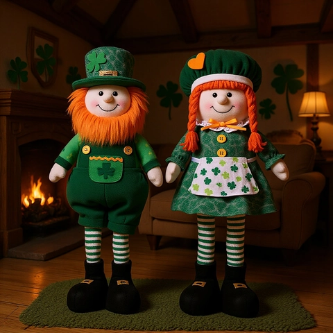 Gnomo Duende del Día de San Patricio Adorno de Peluche Trébol Verde Festival Irlandés Piernas Largas Telescópicas Decoración Hogar