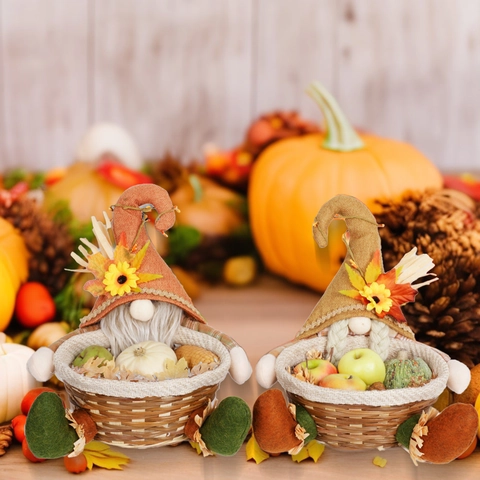 Decoración de Cesta de Gnomo de Acción de Gracias Cosecha de Otoño Hoja de Arce Girasol Cesta de Dulces Ornamento de Mesa