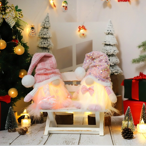 Pink Christmas Gnome Plush LED Light Up Sequin Knit Swedish Tomte Nisse Holiday Desktop Ornament Xmas Party Home Decor