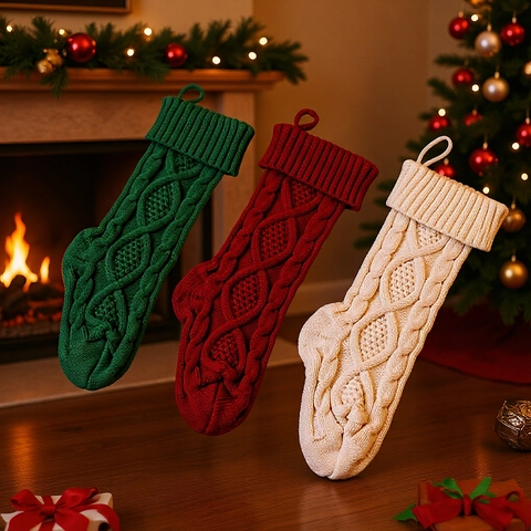 Calze di Natale in Maglia a Trecce Grandi Stile Nordico Calzini Natalizi Appesi per Camino Albero di Natale Festa Decorazione Casa