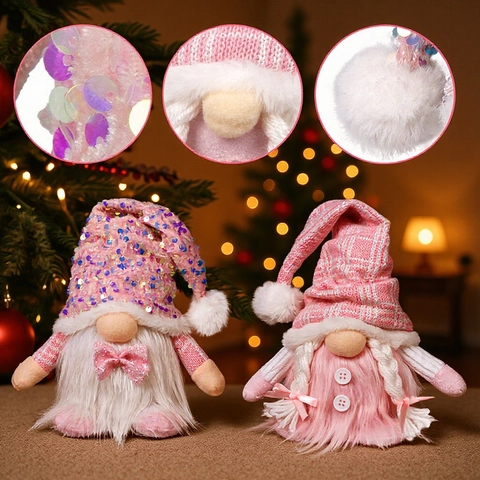 Pink Christmas Gnome Plush LED Light Up Sequin Knit Swedish Tomte Nisse Holiday Desktop Ornament Xmas Party Home Decor