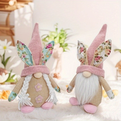 Gnomo di Pasqua Peluche Bambola Senza Volto Rudolf Ornamento Rosa Floreale Maglia Orecchie di Coniglio Iuta Casa Arredo