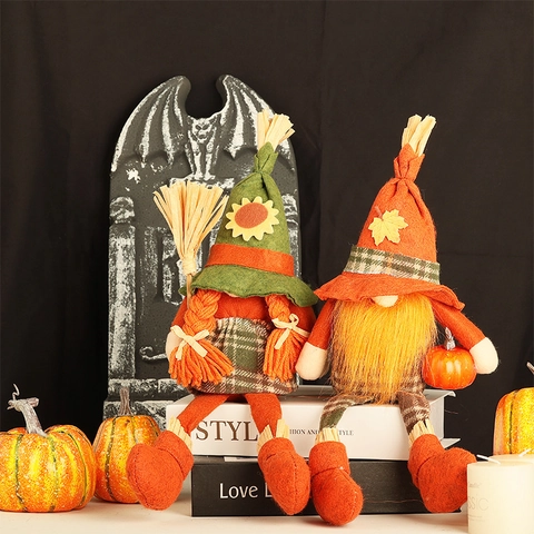 Decoraciones de Peluche de Gnomo de Halloween Muñecos de Gnomo de Cosecha de Otoño Con Calabaza Escoba Girasol Hoja de Arce