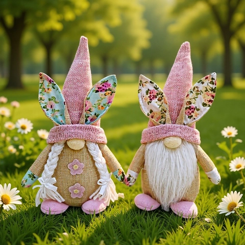 Gnomo di Pasqua Peluche Bambola Senza Volto Rudolf Ornamento Rosa Floreale Maglia Orecchie di Coniglio Iuta Casa Arredo