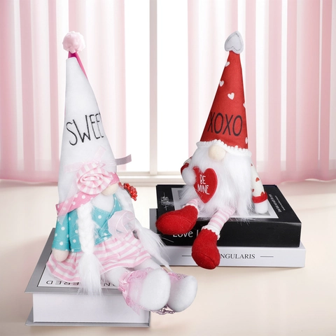 Poupée Gnome de la Saint-Valentin en Peluche Figurine à Jambes Longues Décoration Cœur Rose Rouge pour Mariage Fête Maison