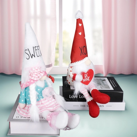 Poupée Gnome de la Saint-Valentin en Peluche Figurine à Jambes Longues Décoration Cœur Rose Rouge pour Mariage Fête Maison