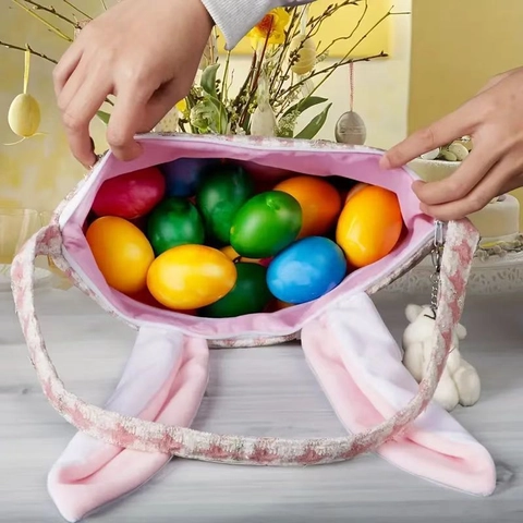 Easter Bunny Ear Houndstooth Tote Bag Plush Rabbit Handle Basket Candy Gift Bag For Festival Party Decor Pink Blue