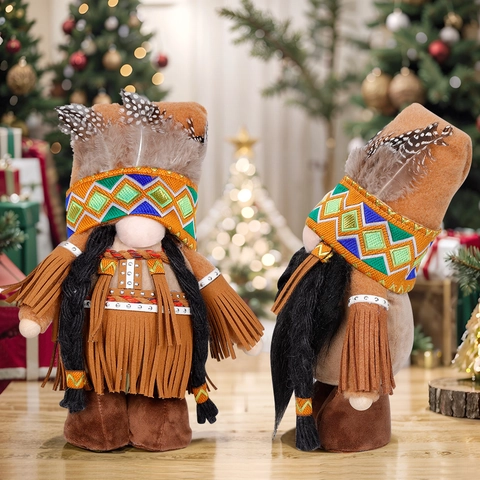 Native American Style Thanksgiving Gnome Doll Handmade Indian Faceless Plush Toy With Feather Tassel Seasonal Home Decoration