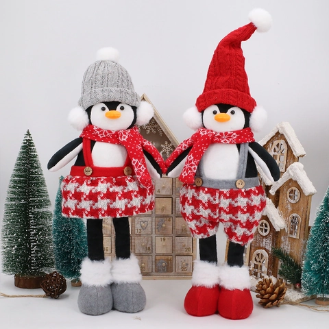 Ornement Peluche Gnome Pingouin de Noël Avec Jambes Télescopiques Chapeau Rouge Gris Tenue Plaid Décoration de Table