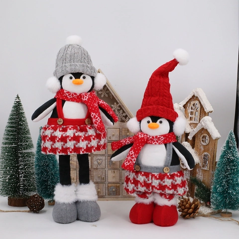 Ornement Peluche Gnome Pingouin de Noël Avec Jambes Télescopiques Chapeau Rouge Gris Tenue Plaid Décoration de Table