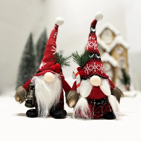 Bambola Gnomo di Natale Cappello a Maglia Fiocco di Neve Con Lanterna Bastoncino di Zucchero Ornamento Tavolo Peluche