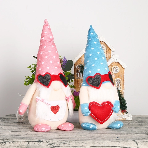 Valentine's Day Gnome Plush Ornament With Heart Glasses Long Beard Couple Gnome Doll For Home Decoration Mother's Day Gift