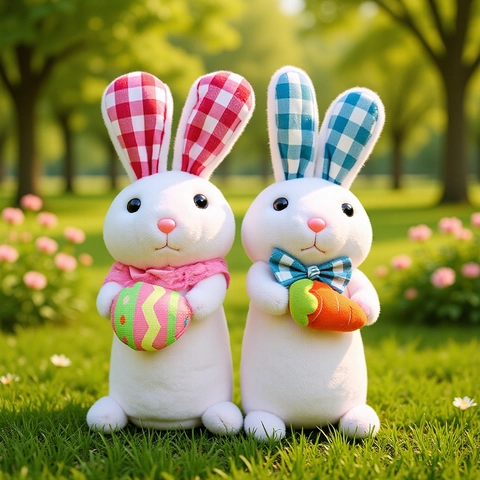 Addobbo di Pasqua Peluche Coniglio Luminoso Con Uovo Carota Motivo Gingham Orecchie Lunghe Decorazione Regalo Capodanno